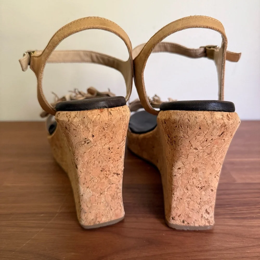 Salpy Beige Leather and Cork Wedge Ankle Strap Heels Sandals, Flowers, size 8.5